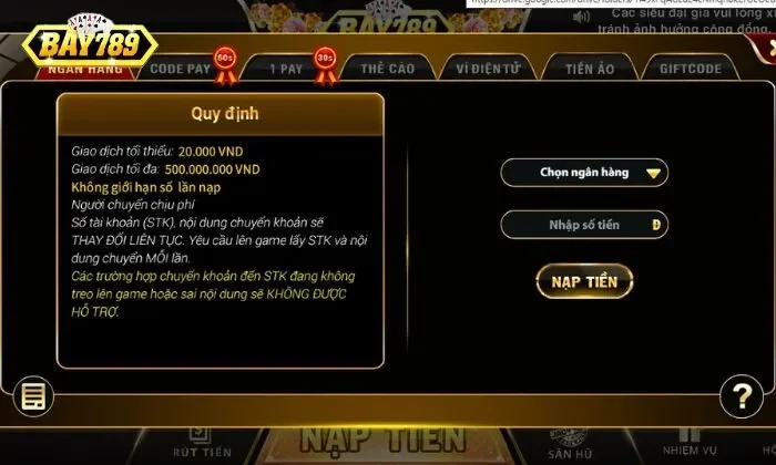 Nạp tiền bay789 Có nhiều phương thức nạp tiền khác nhau tại Bay789 để người chơi lựa chọn